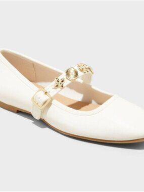 A New Day Rebecca Embellished Strap Mary Jane Flats Ivory Size 6.5